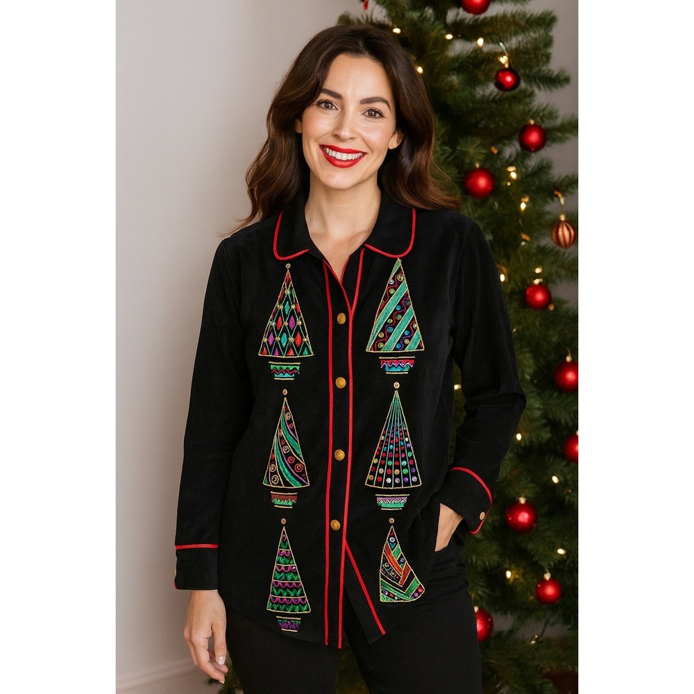 VTG Bob Mackie Art Womens Small Black Velvet Holiday Christmas Tree Embroidered